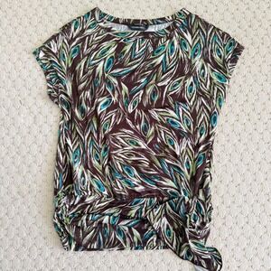 Mixxology Women's 1X Brown Green Peacock Feather Print Tie Front Top NWT